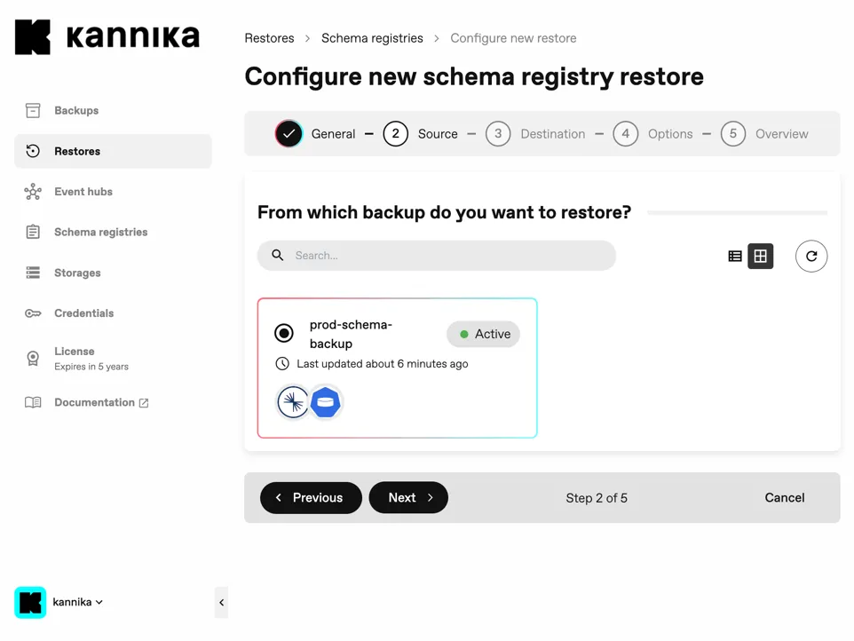 Schema Registry Restore Wizards