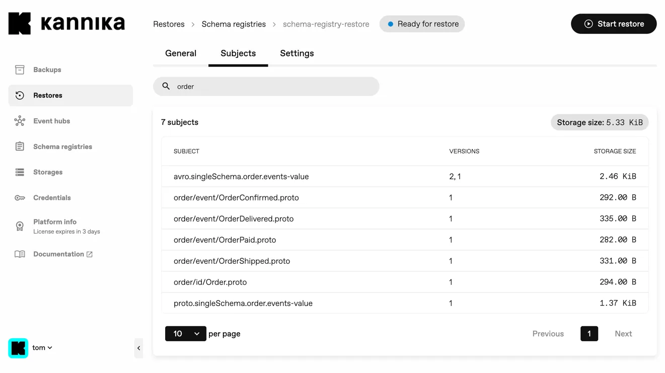 Schema Registry Restore Wizards