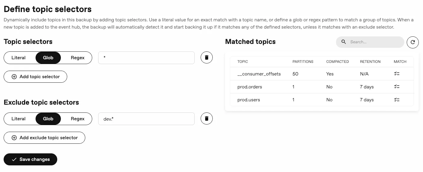 Excluding topics that start with dev.*