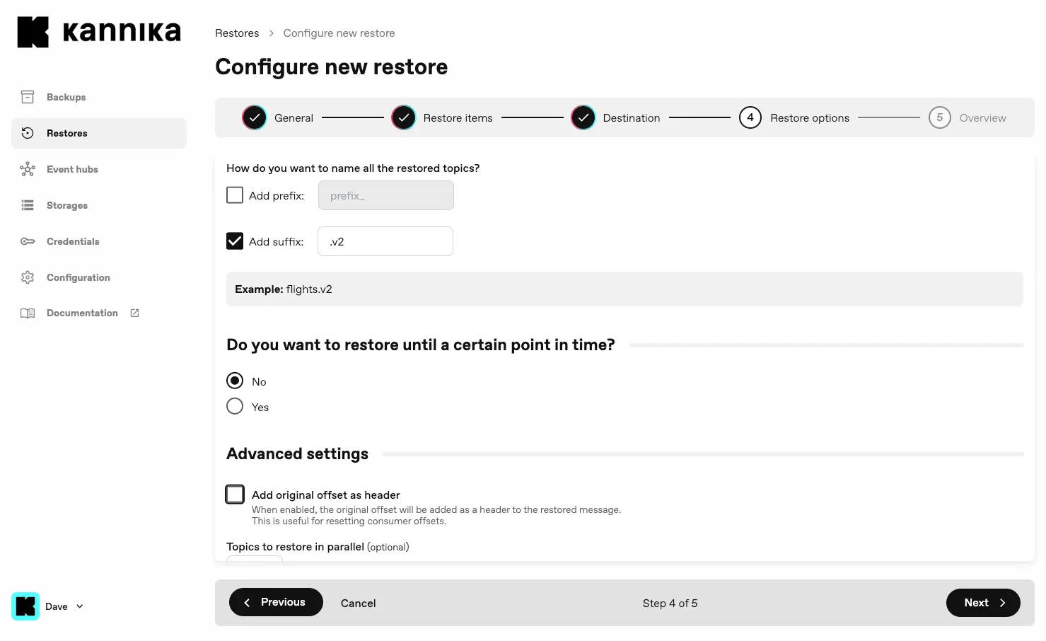 Configuring a new Restore