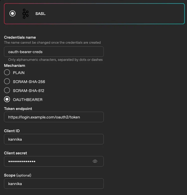 SASL OAUTHBEARER credentials form